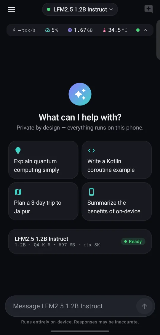 PocketMind Chat screen: A clean start, with live metrics up top.