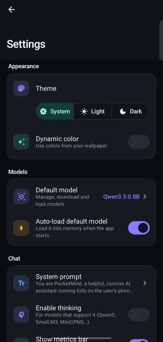 PocketMind Settings screen: Theme, default model, system prompt and more.